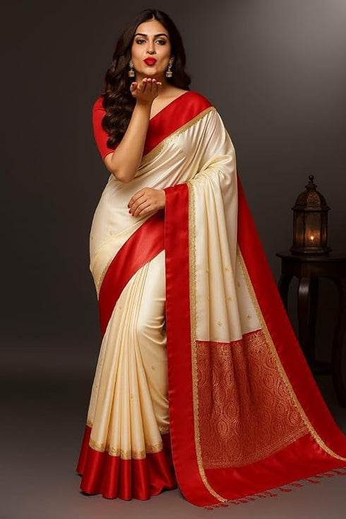 Vasthrlay Red Cream Bengali Gorod Sarees For Women Durga Puja Garad Silk Banarasi Kanjivaram Goroder Lal Border Sari
