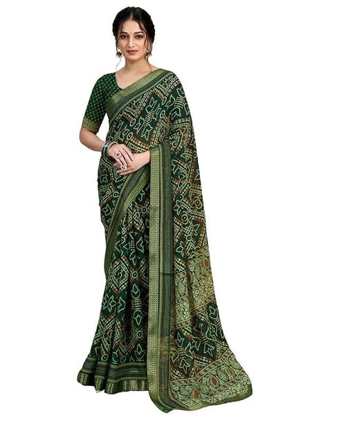 Vasthrlay Chiffon Bandhani Dark Green1 Saree With Unstitched Blouse Piece