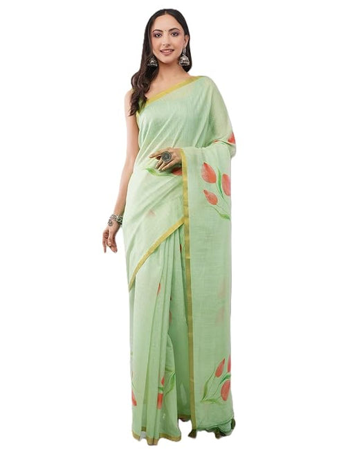 Vasthrlay Womens Light Green Daisy Floral Prints Linen Saree With Zari Border And Unstitched Blouse Piece