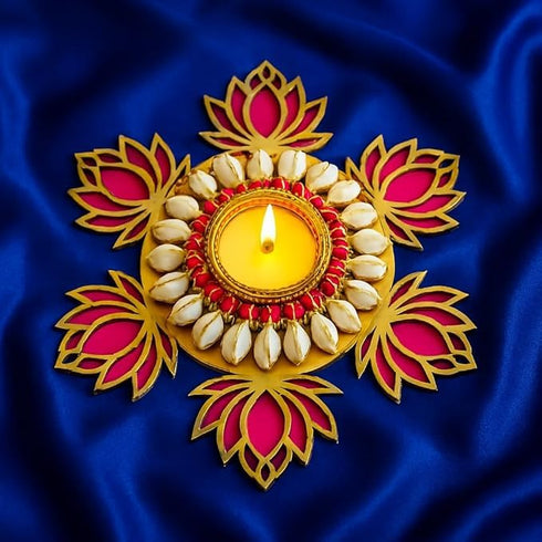 Diya Handmade MDF Lotus tealight Candle Holder with Shell Tealight Rangoli