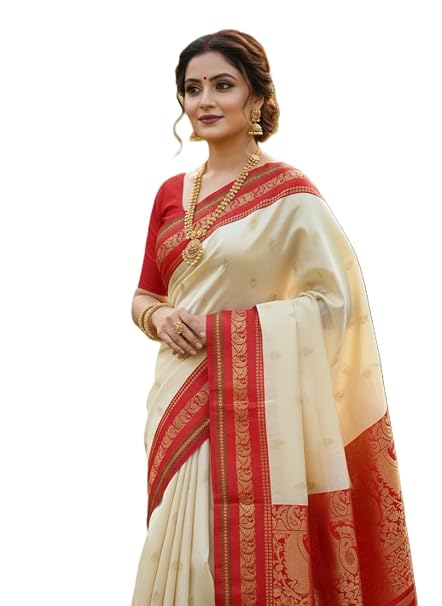 Vasthrlay Cream White Red Border Saree Latest Bengali Saree