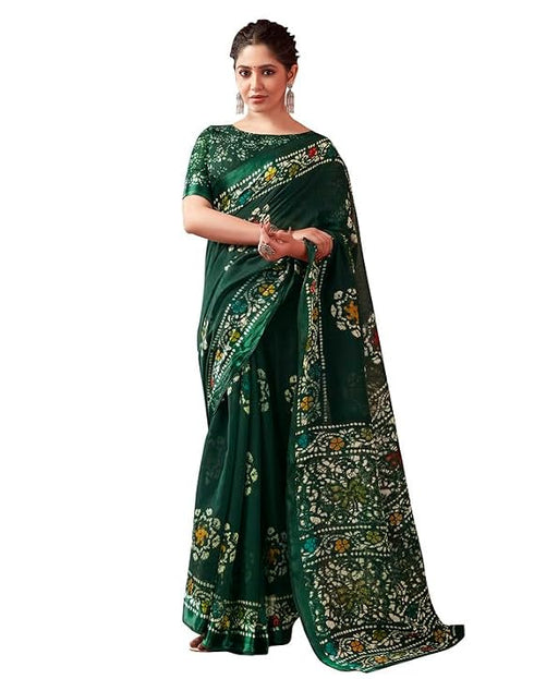 Vasthrlay Womens Printed Green Saree With Unstitched Blouse Piece