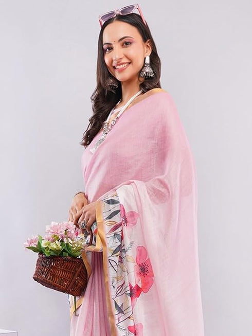 Vasthrlay Pink1 Women'S Chevron Printed Linen Saree With Unstitched Blouse