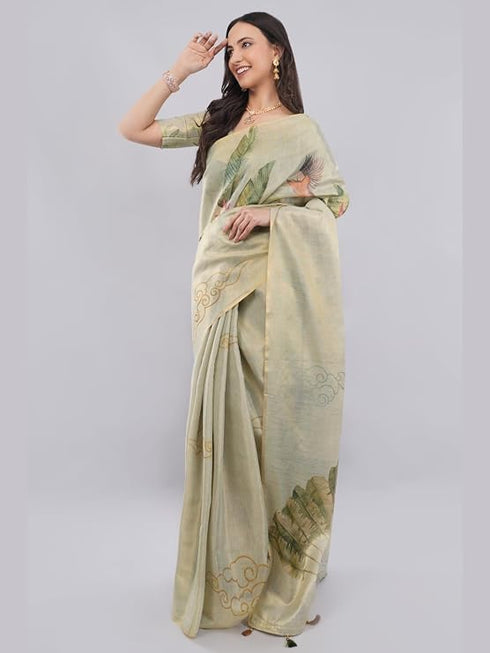 Vasthrlay Green Floral And Solid Design Polyester Saree With Unstitched Blouse Piece