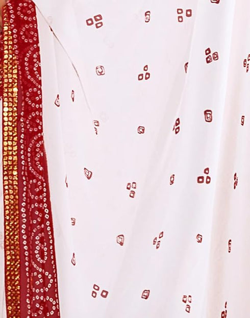 Vasthrlay Georgette Bandhani Unstitched White Saree