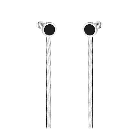 Stainless Steel Long Chain Tassel Drop Earring with Black Stone