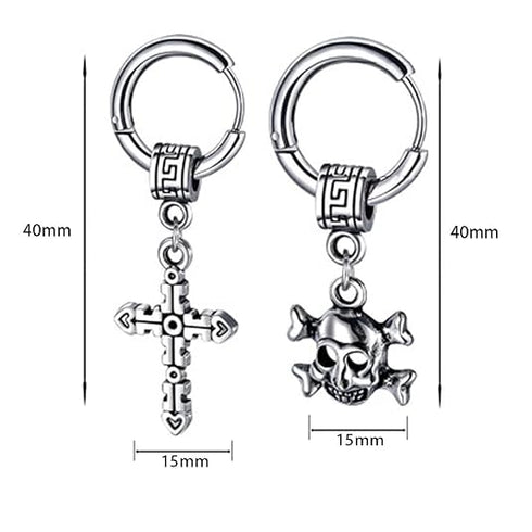 M Men Style Christ Jesus Cross With Gothic Skeleton Head Dangle Hoop Studs