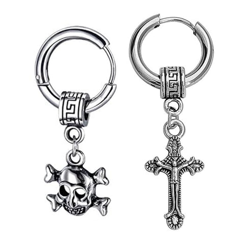 M Men Style Gothic Skeleton Head Cross Titanium Steel Silver Stainless Hoop Earrings