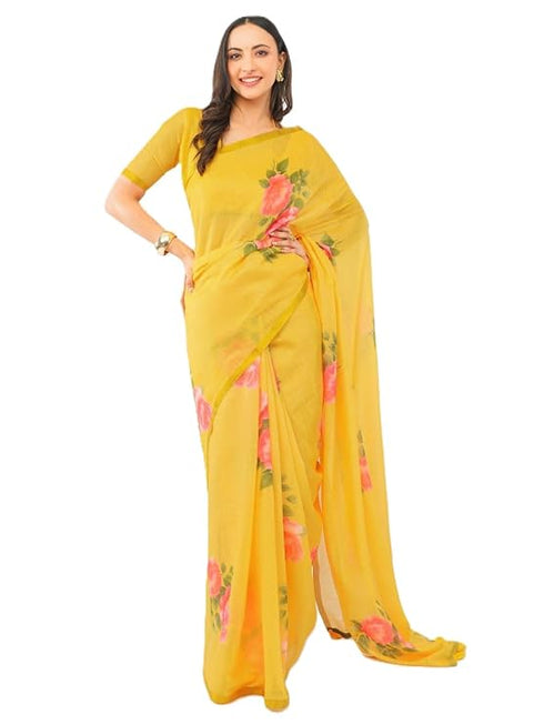 Vasthrlay Yellow1 Daisy Floral Prints Linen Saree With Zari Border And Unstitched Blouse Piece