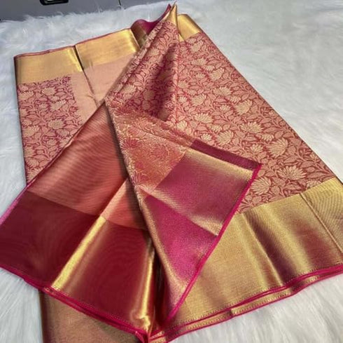 Vasthrlay Pink Tissue Banarasi Soft Silk Pink Saree Tissue Jaal Work With Golden Border