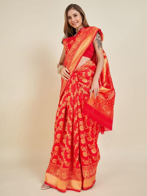 Vasthrlay Red Banarasi Traditional Unstitched Saree