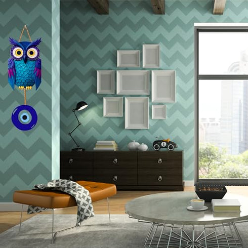 Blue Owl with Evil Eye Charm MDF Home Wall Decor MDF Wall Hanging