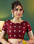 Vasthrlay Banarasi Jacquard Lime Yellow Saree With Maroon Unstitched Blouse Piece
