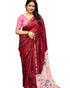 Vasthrlay Mulmul Linen Cotton Saree | Red with Pink Floral Printed Pallu Zari Border