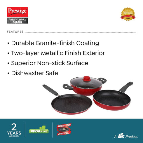 Prestige Omega Granite Non-Stick 3 Pc Cookware Set with Glass Lid