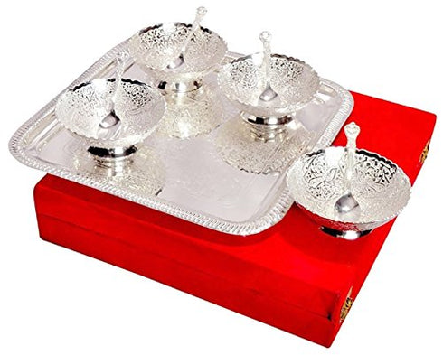 R Ayurveda Copper Silver Plated Brass Bowl Set with Tray