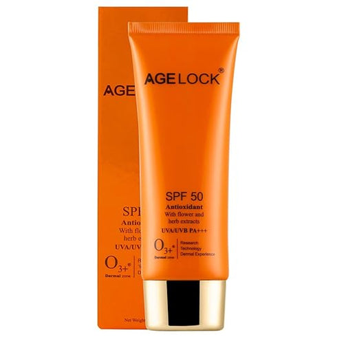O3+ Agelock Antioxidant Sunscreen SPF 50 with Flower and Herb Extracts UVA/UVB PA+++ Sun Damage Protection Skin Cream, 75g