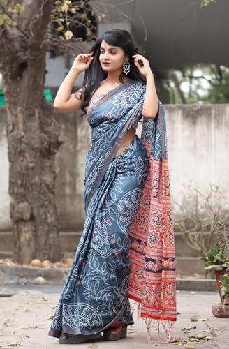 Vasthrlay Women's Cotton Kalamkari Wedding Saree With Blouse Piece