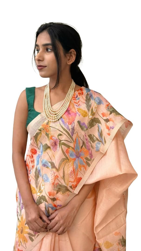 Vasthrlay Peach Floral Printed Linen