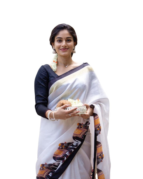 Vasthrlay Cotton Kalamkari Elephant Border