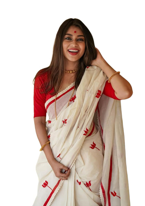Vasthrlay Traditional Bengali Linen Red Floral Motifs And Border Saree With Matching Unstitched Attached Blouse