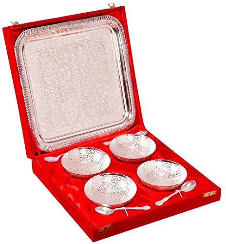 R Ayurveda Copper Silver Plated Brass Bowl Set with Tray