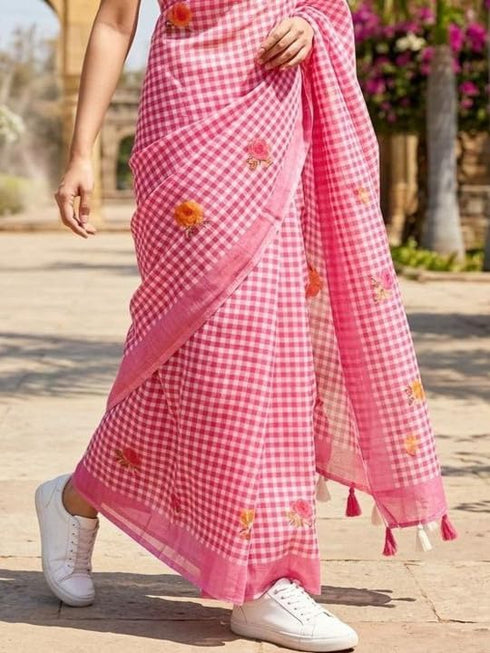Vasthrlay Checked Pattern Tassels Unstitched