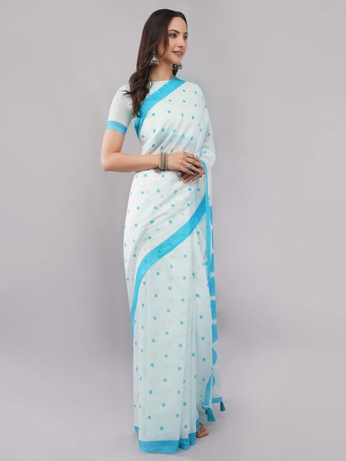 Vasthrlay White Blue Striped| Floral| Solid Print Design Linen Saree With Solid Unstitched Linen Blouse Piece