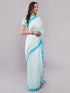 Vasthrlay White Blue Striped| Floral| Solid Print Design Linen Saree With Solid Unstitched Linen Blouse Piece