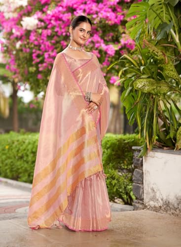 Vasthrlay Kanjivaram Pure Tissue Silk Pink Saree With Unstitched Blouse Piece