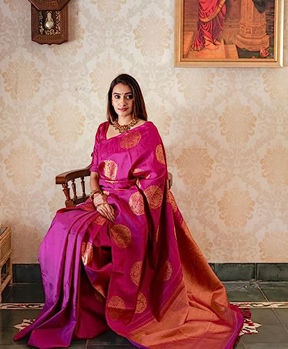 Vasthrlay Dark Pink Golden Kanjivaram Wedding Saree With Blouse