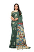 Vasthrlay Pure Linen Cotton Green Saree with Kalamkari Print Border