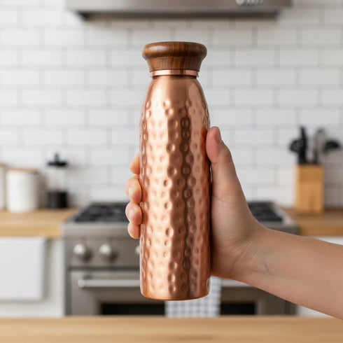 Pure Copper Water Bottle with Wooden Lid