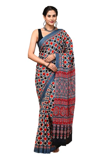 Jaipuria Hand Block Printed Pure Cotton Saree For Women With Unstitched Blouse Piece