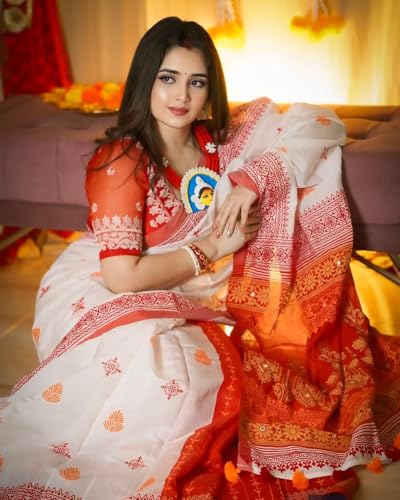 Vasthrlay Bengali Durga Pooja Saree | Heavy Linen Cotton Saree With Digital Print | Motif Tassels | Matching Printed Blouse | 6.30M