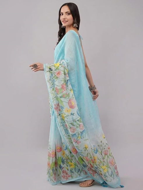 Vasthrlay Blue Printed Linen Saree With Unstitched Blouse Piece