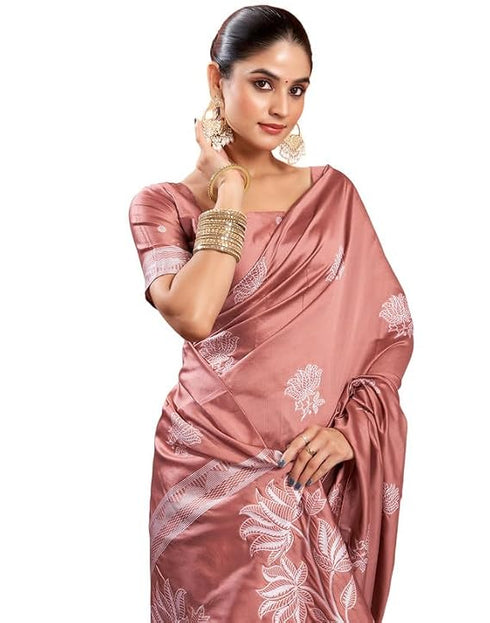 Vasthrlay Womens Kanjivaram Rose Pink Saree With Unstitched Blouse Piece