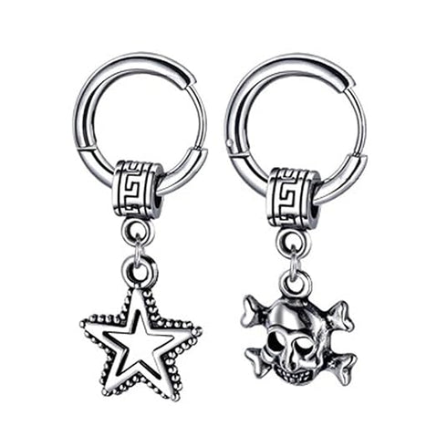 M Men Style Men Star Dangle Hoop Studs With Gothic Skeleton Head Dangle