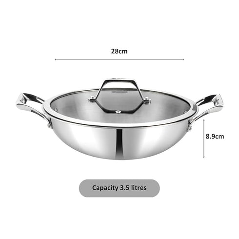 Healux 28cm Tiana Triply Wok with Glass Lid - 3.5L