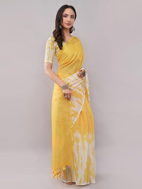 Vasthrlay Yellow Linen Floral | Striped | Check Design Printed Saree With Solid Unstitched Linen Blouse Piece