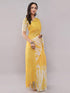 Vasthrlay Yellow Linen Floral | Striped | Check Design Printed Saree With Solid Unstitched Linen Blouse Piece