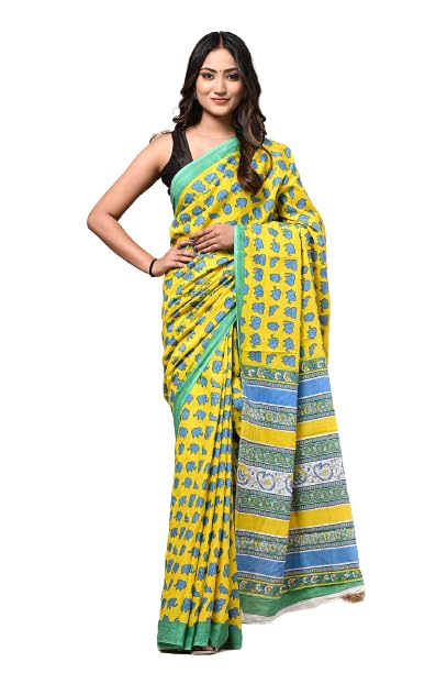 Jaipuria Hand Block Printed Pure Cotton Saree For Women With Unstitched Blouse Piece
