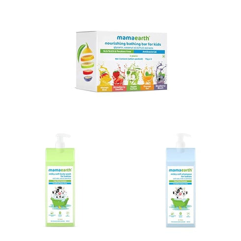 Mamaearth Fruit Based Nourishing Clear Bathing Bar & Milky Soft Shampoo & Nourishing Baby Hair Oi