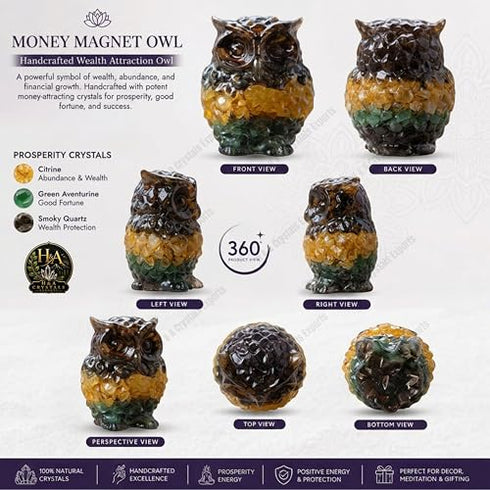 Money Magnet Crystal Owl for Wealth Prosperity & Good Luck | Feng Shui Crystal Owl Statue for Home Decor