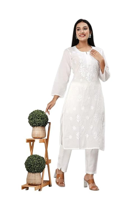 Vasthrlay Women's Chikan Computer Embroidery White Pure Cotton Straight Kurta