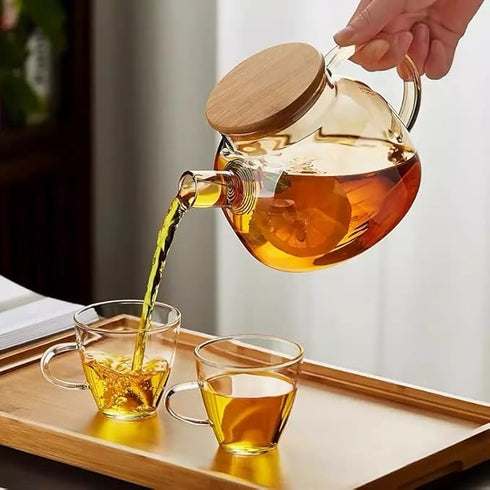 ZROY Enterprise Round Glass Tea Pot(Wooden Lid)