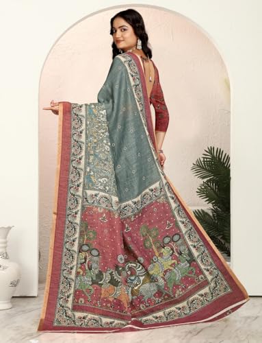 Vasthrlay Women's Cotton Kalamkari Wedding Saree With Blouse Piece