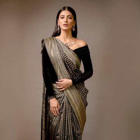 Vasthrlay Black Banarasi Woven Saree