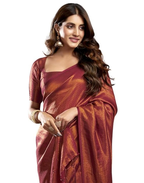 Vasthrlay Kanjivaram Banarasi Unstitched Maroon Saree