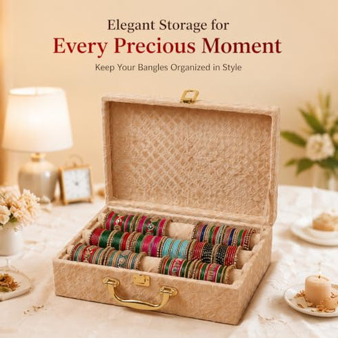 Bubs Spun Bangle Organizer Box for Women 3 Rod Bridal Chudi Storage with Handle & Lock Premium Velvet Beige